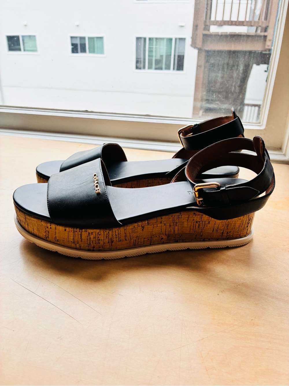 COACH Black Leather Cork-Platform Ankle-Strap Sandals